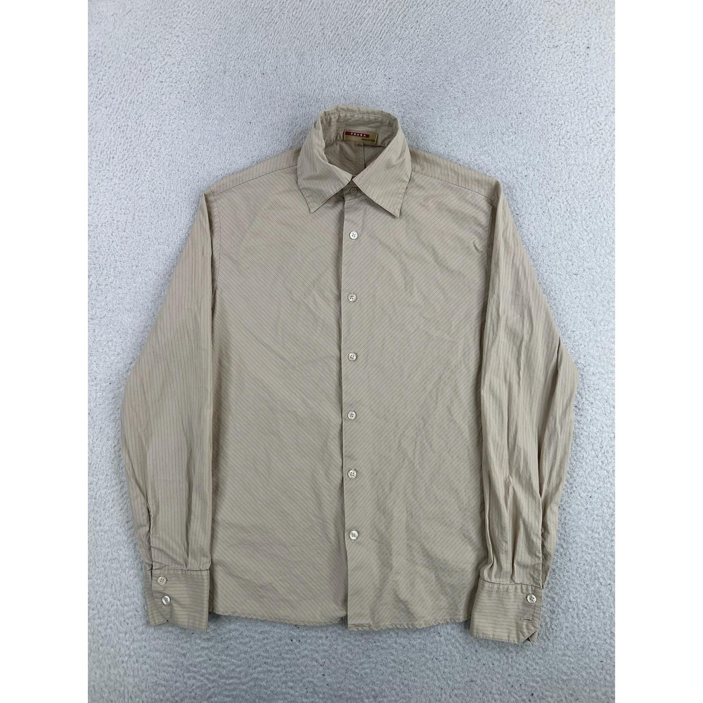 Prada Mens Medium Beige Striped Cotton Long Sleeve Button Up Shirt Made in Italy